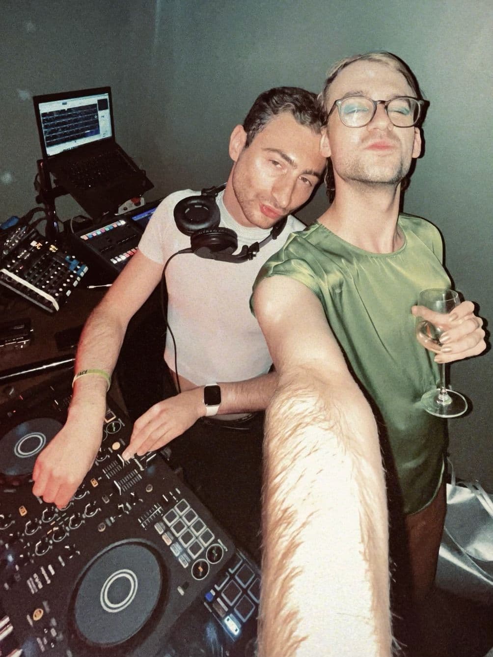 DJ Alex Cohen and Olivier Award Nominee Erich Schleck pose in the booth during Alex's set at It's Him, NYC