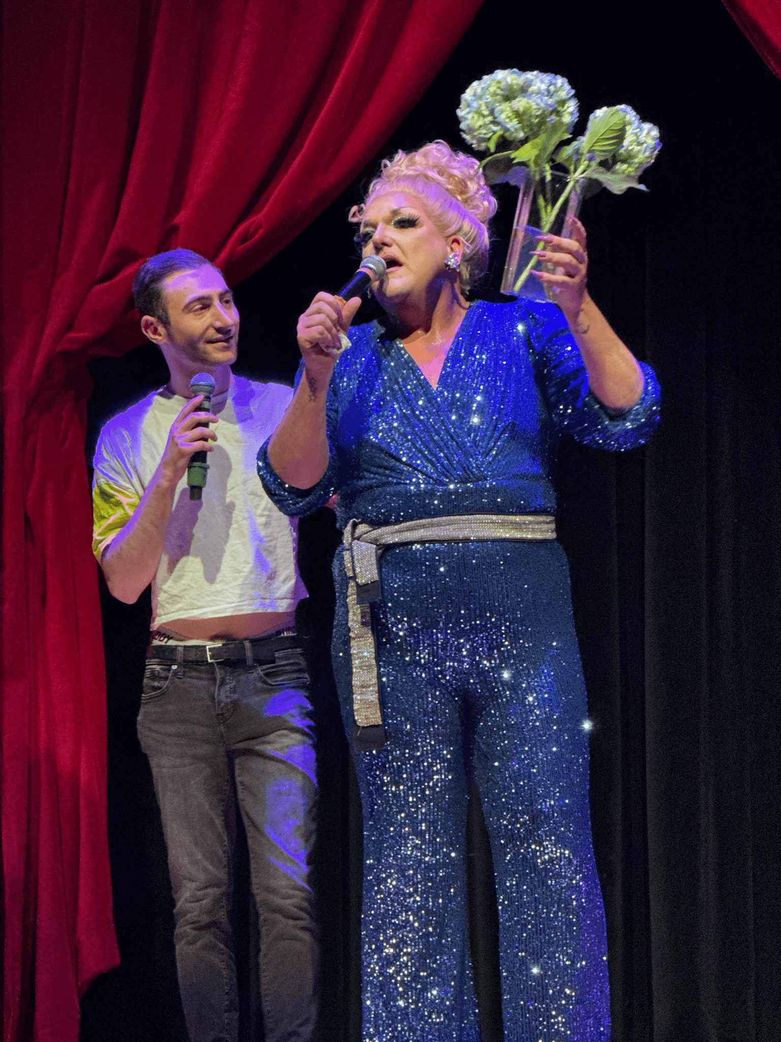 Alex celebrating drag queen, Tammy Spanx's birthday with her, at their show