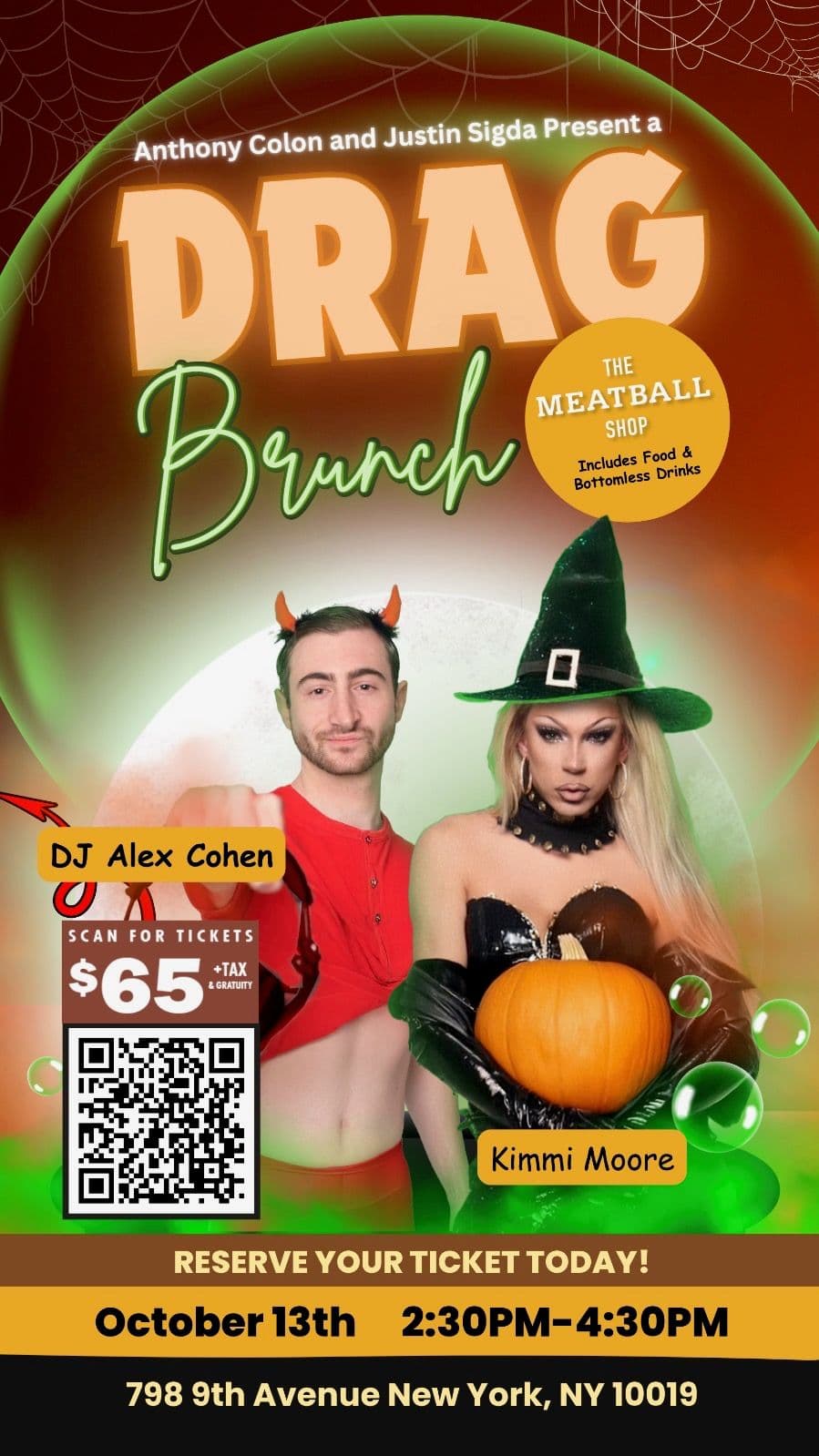 Join DJ Alex Cohen and host Kimmi Moore for a drag brunch at the iconic Meatball Shop in the heart of Hells Kitchen! A $65 ticket gets you a famous lunch and bottomless cocktails! Reservations Required - Book now!