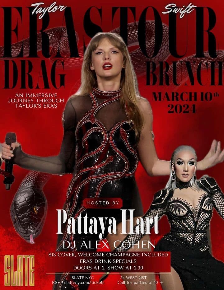DJ Alex Cohen and queen Pattaya Hart bring you an immersive drag brunch experience through all the Era's of Taylor Swift's discography.